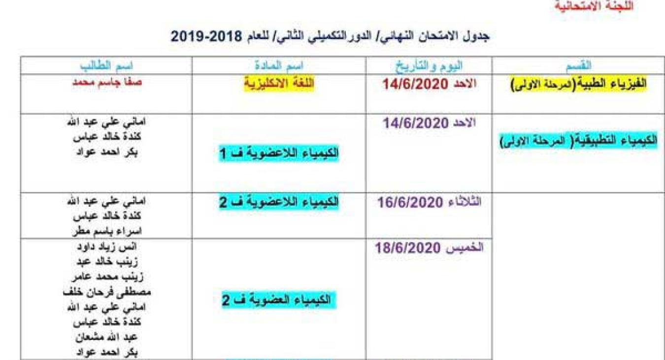 The schedule of supplementary exams
